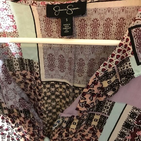 Jessica Simpson shortall jumpsuit SZ small purple pink patchwork ruffle 1pc - Picture 7 of 7